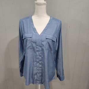 Express Cadet Blue Micro Polka Dot Blouse Roll Tab Sleeve Medium